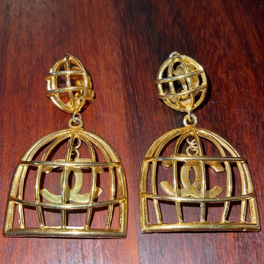 Chanel Large Birdcage 1990’s Gold Earrings with Box CC Vintage Iconic